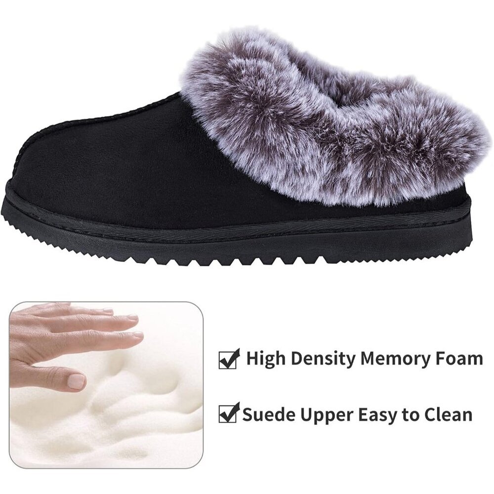 Women's Fuzzy Cozy Faux Fur Memory Foam  Rubber Sole Slippers Boots Black Shoes - Picture 2 of 6